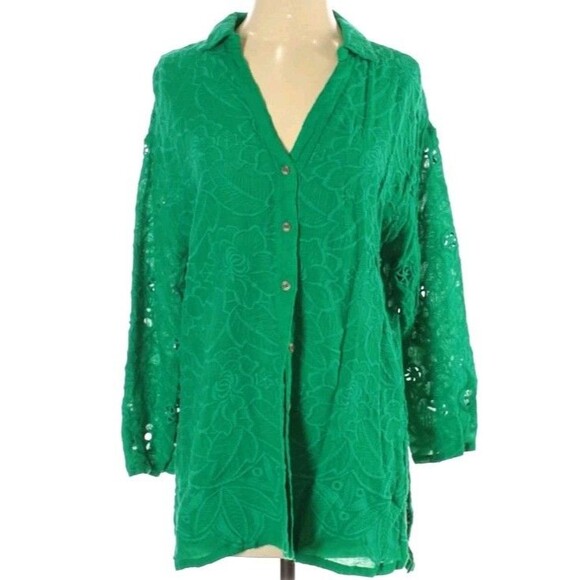 Anthropologie Akemi + Kin Kelly Green Eyelet Embroidered Tunic Top Blouse Boho - Picture 2 of 13